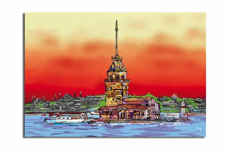 Stort lerretsbilde 100x70 cm - Fargerikt fyrtårn ved sjøen med en dramatisk solnedgang - Rød / Oransje / Blå - Interiør - Maleri & posters - Lerretsbilder