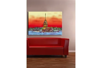 Stort lerretsbilde 100x70 cm - Fargerikt fyrtårn ved sjøen med en dramatisk solnedgang - Rød / Oransje / Blå - Interiør - Maleri & posters - Lerretsbilder