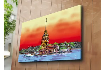 Stort lerretsbilde 100x70 cm - Fargerikt fyrtårn ved sjøen med en dramatisk solnedgang - Rød / Oransje / Blå - Interiør - Maleri & posters - Lerretsbilder