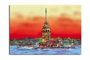 Stort lerretsbilde 100x70 cm - Fargerikt fyrtårn ved sjøen med en dramatisk solnedgang - Rød / Oransje / Blå - Interiør - Maleri & posters - Lerretsbilder