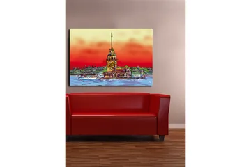 Stort lerretsbilde 100x70 cm - Fargerikt fyrtårn ved sjøen med en dramatisk solnedgang - Rød / Oransje / Blå - Interiør - Maleri & posters - Lerretsbilder