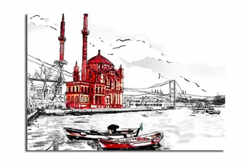 Stort lerretsbilde 100x70 cm - Rød bygning ved vannet med båter i forgrunnen - Rød / Svart / Hvit - Interiør - Maleri & posters - Lerretsbilder