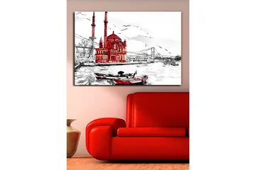 Stort lerretsbilde 100x70 cm - Rød bygning ved vannet med båter i forgrunnen - Rød / Svart / Hvit - Interiør - Maleri & posters - Lerretsbilder