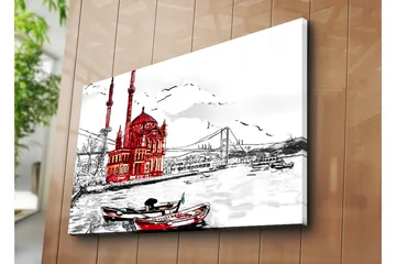 Stort lerretsbilde 100x70 cm - Rød bygning ved vannet med båter i forgrunnen - Rød / Svart / Hvit - Interiør - Maleri & posters - Lerretsbilder