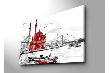 Stort lerretsbilde 100x70 cm - Rød bygning ved vannet med båter i forgrunnen - Rød / Svart / Hvit - Interiør - Maleri & posters - Lerretsbilder