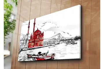 Stort lerretsbilde 100x70 cm - Rød bygning ved vannet med båter i forgrunnen - Rød / Svart / Hvit - Interiør - Maleri & posters - Lerretsbilder