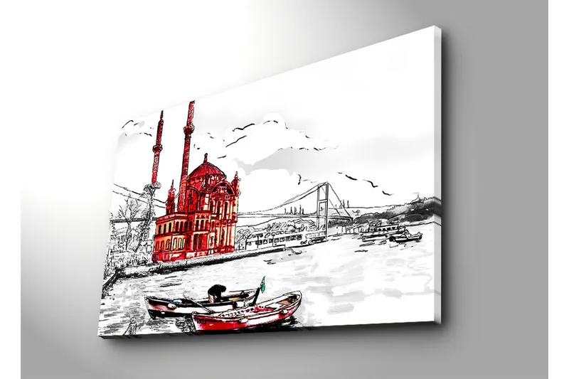 Stort lerretsbilde 100x70 cm - Rød bygning ved vannet med båter i forgrunnen - Rød / Svart / Hvit - Interiør - Maleri & posters - Lerretsbilder