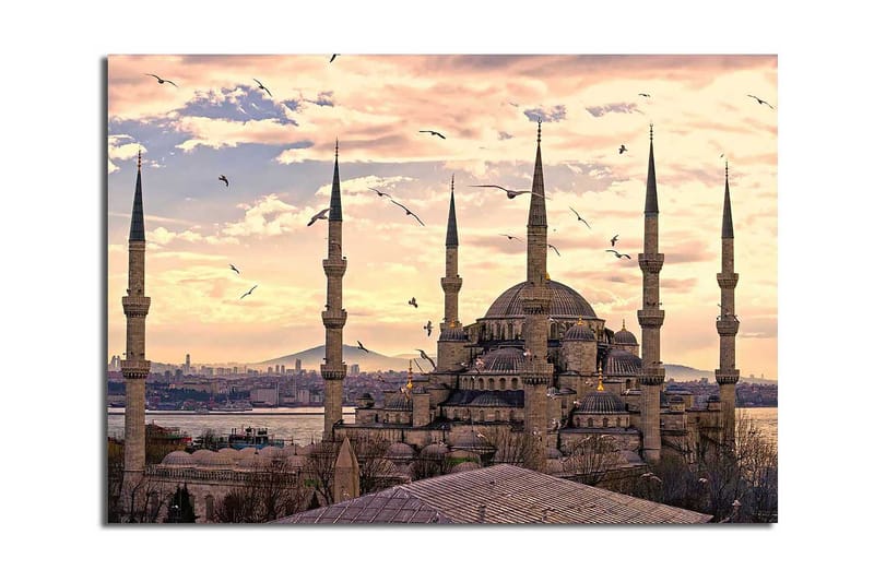 Stort lerretsbilde 100x70 cm - Storslått moské med flere minareter i solnedgangens lys - Grå / Beige / Blå - Interiør - Maleri & posters - Lerretsbilder