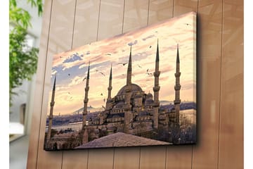 Stort lerretsbilde 100x70 cm - Storslått moské med flere minareter i solnedgangens lys - Grå / Beige / Blå - Interiør - Maleri & posters - Lerretsbilder