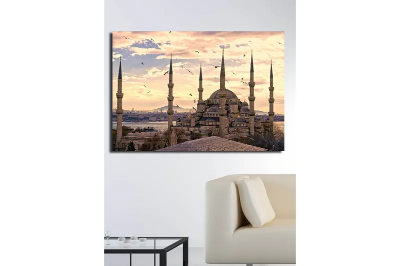 Stort lerretsbilde 100x70 cm - Storslått moské med flere minareter i solnedgangens lys - Grå / Beige / Blå - Interiør - Maleri & posters - Lerretsbilder