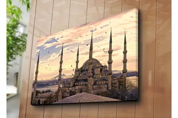 Stort lerretsbilde 100x70 cm - Storslått moské med flere minareter i solnedgangens lys - Grå / Beige / Blå - Interiør - Maleri & posters - Lerretsbilder