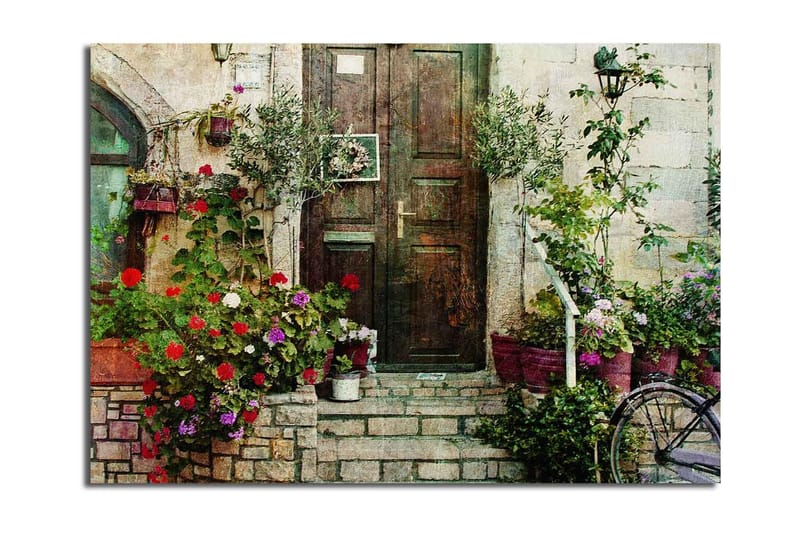 Stort lerretsbilde 100x70 cm - Vakker dør omgitt av fargerike blomster og grøntområder, Rød / Grønn / Lilla