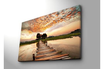 Stort lerretsbilde 100x70 cm - Vakker solnedgang over en trebro som strekker seg over stille vann - Oransje / Grønn / Brun - Interiør - Maleri & posters - Lerretsbilder