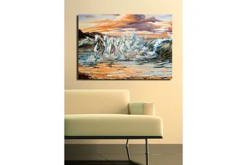 Stort lerretsbilde 100x70 cm - Ville hester galopperer gjennom bølgene ved solnedgang - Hvit / Blå / Oransje - Interiør - Maleri & posters - Lerretsbilder