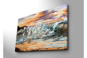 Stort lerretsbilde 100x70 cm - Ville hester galopperer gjennom bølgene ved solnedgang - Hvit / Blå / Oransje - Interiør - Maleri & posters - Lerretsbilder