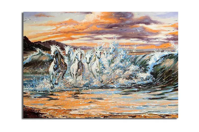 Stort lerretsbilde 100x70 cm - Ville hester galopperer gjennom bølgene ved solnedgang - Hvit / Blå / Oransje - Interiør - Maleri & posters - Lerretsbilder
