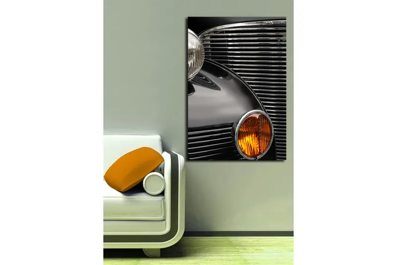 Stort lerretsbilde 70x100 cm - Detaljert nærbilde av fronten på en klassisk bil - Svart / Krom / Oransje - Interiør - Maleri & posters - Lerretsbilder