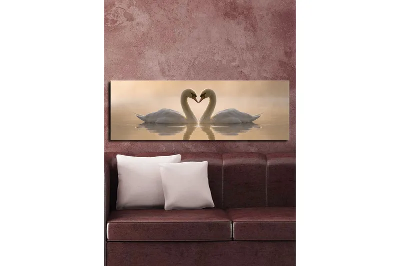 Stort lerretsbilde 90x30 cm - To svaner som danner et hjerte med halsen - Hvit / Beige - Interiør - Maleri & posters - Lerretsbilder