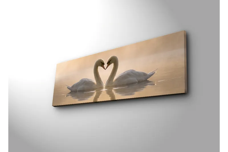 Stort lerretsbilde 90x30 cm - To svaner som danner et hjerte med halsen - Hvit / Beige - Interiør - Maleri & posters - Lerretsbilder