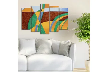 Stort lerretsbilde i 5 deler 105x70 cm - Abstrakt komposisjon med bølgende former og farger - Grønn / Oransje / Brun - Interiør - Maleri & posters - Lerretsbilder