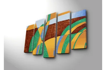 Stort lerretsbilde i 5 deler 105x70 cm - Abstrakt komposisjon med bølgende former og farger - Grønn / Oransje / Brun - Interiør - Maleri & posters - Lerretsbilder