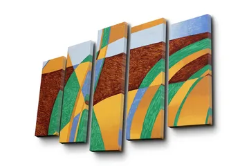 Stort lerretsbilde i 5 deler 105x70 cm - Abstrakt komposisjon med bølgende former og farger - Grønn / Oransje / Brun - Interiør - Maleri & posters - Lerretsbilder