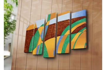 Stort lerretsbilde i 5 deler 105x70 cm - Abstrakt komposisjon med bølgende former og farger - Grønn / Oransje / Brun - Interiør - Maleri & posters - Lerretsbilder