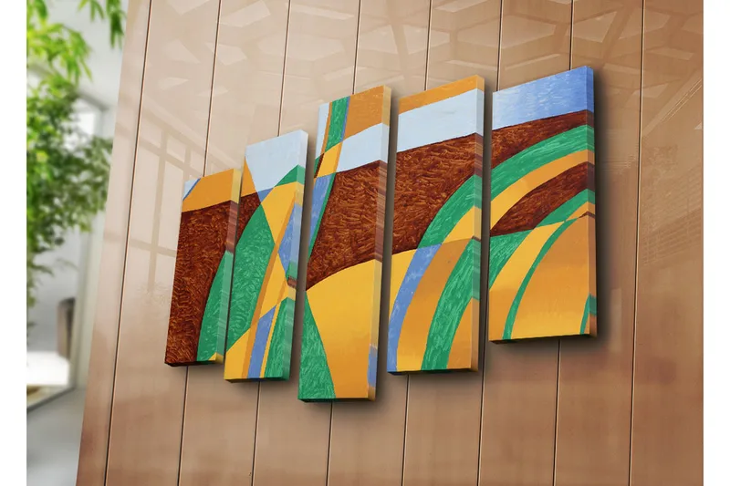 Stort lerretsbilde i 5 deler 105x70 cm - Abstrakt komposisjon med bølgende former og farger - Grønn / Oransje / Brun - Interiør - Maleri & posters - Lerretsbilder