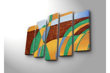Stort lerretsbilde i 5 deler 105x70 cm - Abstrakt komposisjon med bølgende former og farger - Grønn / Oransje / Brun - Interiør - Maleri & posters - Lerretsbilder