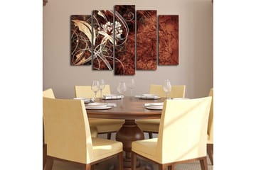 Stort lerretsbilde i 5 deler 105x70 cm - Abstrakt komposisjon med blomster og buede linjer - Mørk rød / Beige / Hvit - Interiør - Maleri & posters - Lerretsbilder