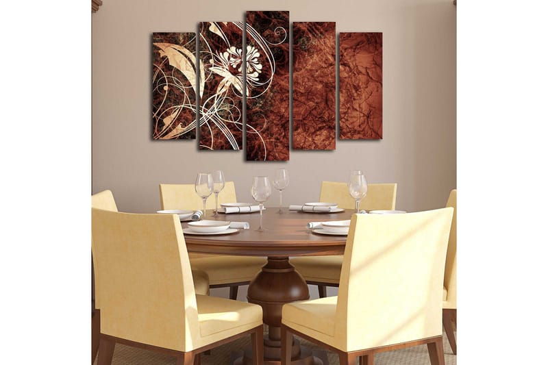 Stort lerretsbilde i 5 deler 105x70 cm - Abstrakt komposisjon med blomster og buede linjer - Mørk rød / Beige / Hvit - Interiør - Maleri & posters - Lerretsbilder
