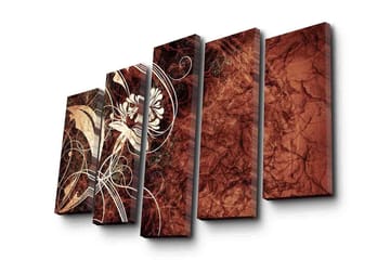 Stort lerretsbilde i 5 deler 105x70 cm - Abstrakt komposisjon med blomster og buede linjer - Mørk rød / Beige / Hvit - Interiør - Maleri & posters - Lerretsbilder