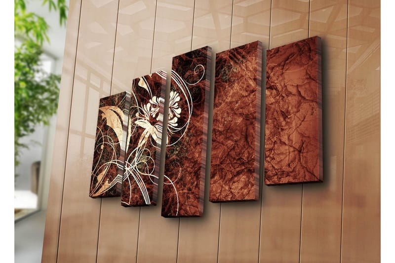 Stort lerretsbilde i 5 deler 105x70 cm - Abstrakt komposisjon med blomster og buede linjer - Mørk rød / Beige / Hvit - Interiør - Maleri & posters - Lerretsbilder