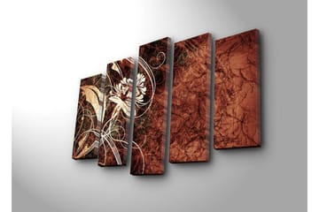 Stort lerretsbilde i 5 deler 105x70 cm - Abstrakt komposisjon med blomster og buede linjer - Mørk rød / Beige / Hvit - Interiør - Maleri & posters - Lerretsbilder