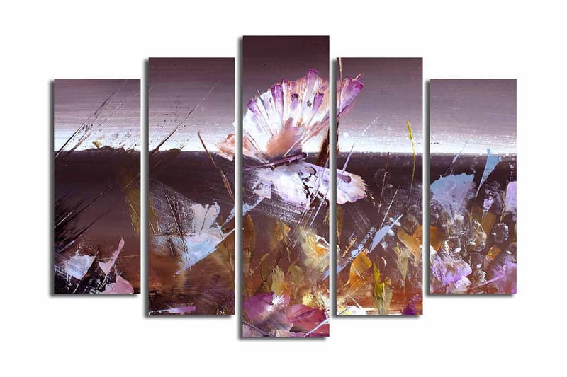 Stort lerretsbilde i 5 deler 105x70 cm - Abstrakt komposisjon med en sommerfugl i fokus - Lilla / Brun / Hvit - Interiør - Maleri & posters - Lerretsbilder