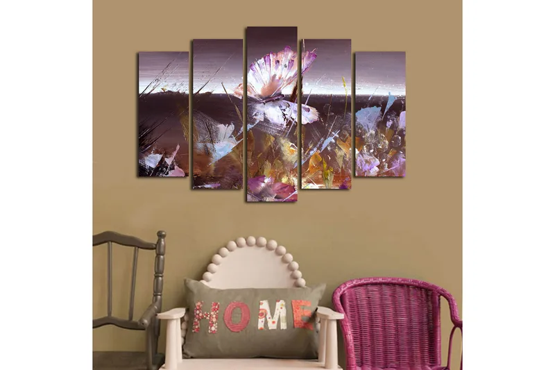 Stort lerretsbilde i 5 deler 105x70 cm - Abstrakt komposisjon med en sommerfugl i fokus - Lilla / Brun / Hvit - Interiør - Maleri & posters - Lerretsbilder