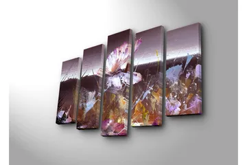 Stort lerretsbilde i 5 deler 105x70 cm - Abstrakt komposisjon med en sommerfugl i fokus - Lilla / Brun / Hvit - Interiør - Maleri & posters - Lerretsbilder
