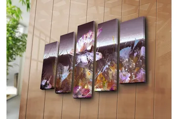 Stort lerretsbilde i 5 deler 105x70 cm - Abstrakt komposisjon med en sommerfugl i fokus - Lilla / Brun / Hvit - Interiør - Maleri & posters - Lerretsbilder