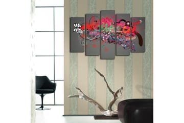 Stort lerretsbilde i 5 deler 105x70 cm - Abstrakt komposisjon med fargerike former og mønstre - Rød / Svart / Grønn - Interiør - Maleri & posters - Lerretsbilder