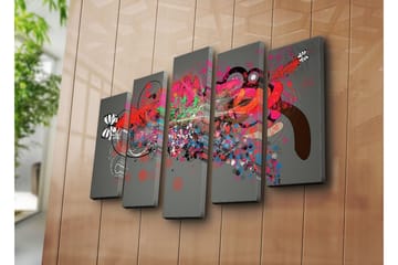 Stort lerretsbilde i 5 deler 105x70 cm - Abstrakt komposisjon med fargerike former og mønstre - Rød / Svart / Grønn - Interiør - Maleri & posters - Lerretsbilder