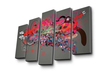Stort lerretsbilde i 5 deler 105x70 cm - Abstrakt komposisjon med fargerike former og mønstre - Rød / Svart / Grønn - Interiør - Maleri & posters - Lerretsbilder