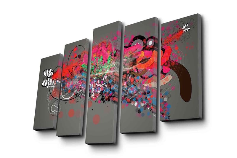 Stort lerretsbilde i 5 deler 105x70 cm - Abstrakt komposisjon med fargerike former og mønstre - Rød / Svart / Grønn - Interiør - Maleri & posters - Lerretsbilder