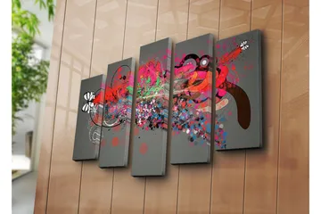 Stort lerretsbilde i 5 deler 105x70 cm - Abstrakt komposisjon med fargerike former og mønstre - Rød / Svart / Grønn - Interiør - Maleri & posters - Lerretsbilder