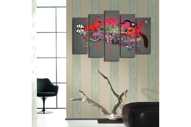 Stort lerretsbilde i 5 deler 105x70 cm - Abstrakt komposisjon med fargerike former og mønstre - Rød / Svart / Grønn - Interiør - Maleri & posters - Lerretsbilder