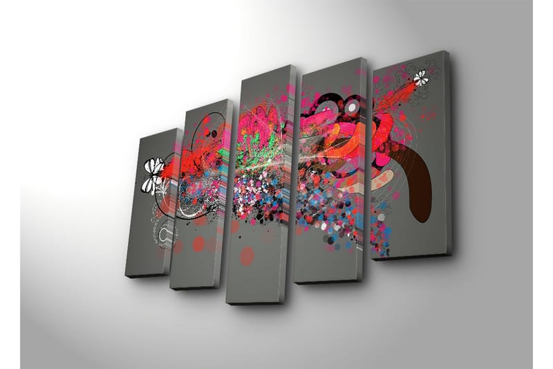 Stort lerretsbilde i 5 deler 105x70 cm - Abstrakt komposisjon med fargerike former og mønstre - Rød / Svart / Grønn - Interiør - Maleri & posters - Lerretsbilder