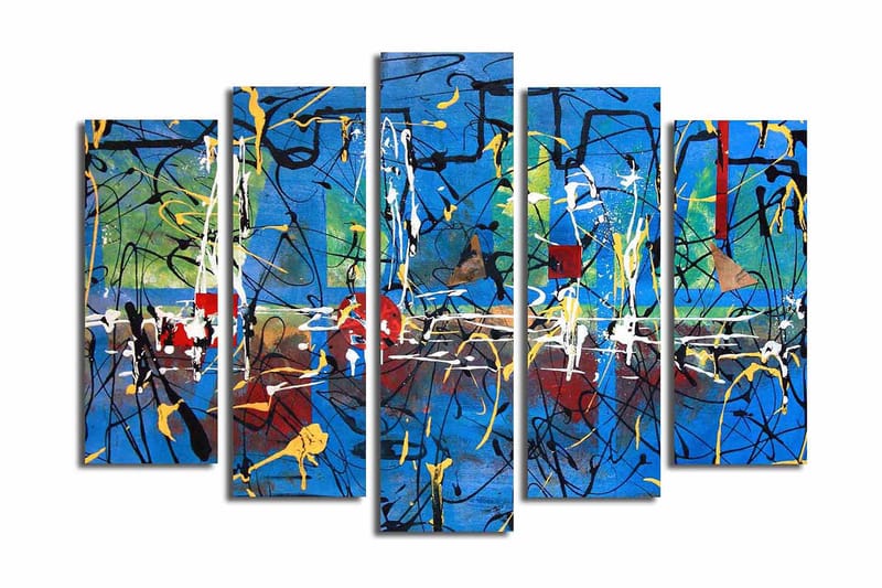 Stort lerretsbilde i 5 deler 105x70 cm - Abstrakt komposisjon med fargerike linjer og former - Blå / Gul / Rød - Interiør - Maleri & posters - Lerretsbilder