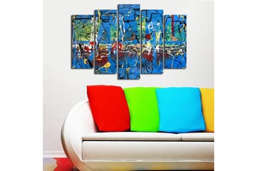 Stort lerretsbilde i 5 deler 105x70 cm - Abstrakt komposisjon med fargerike linjer og former - Blå / Gul / Rød - Interiør - Maleri & posters - Lerretsbilder