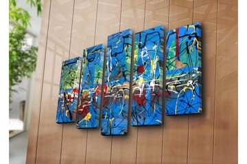 Stort lerretsbilde i 5 deler 105x70 cm - Abstrakt komposisjon med fargerike linjer og former - Blå / Gul / Rød - Interiør - Maleri & posters - Lerretsbilder