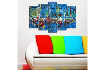 Stort lerretsbilde i 5 deler 105x70 cm - Abstrakt komposisjon med fargerike linjer og former - Blå / Gul / Rød - Interiør - Maleri & posters - Lerretsbilder