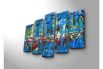 Stort lerretsbilde i 5 deler 105x70 cm - Abstrakt komposisjon med fargerike linjer og former - Blå / Gul / Rød - Interiør - Maleri & posters - Lerretsbilder